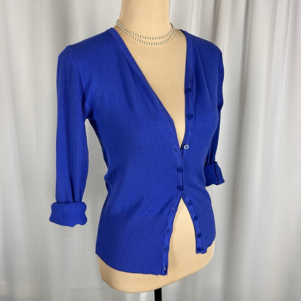 Odri Womens Sweater Sz S (?) Button Down Cardigan Royal Blue 3/4 Sleeve READ
